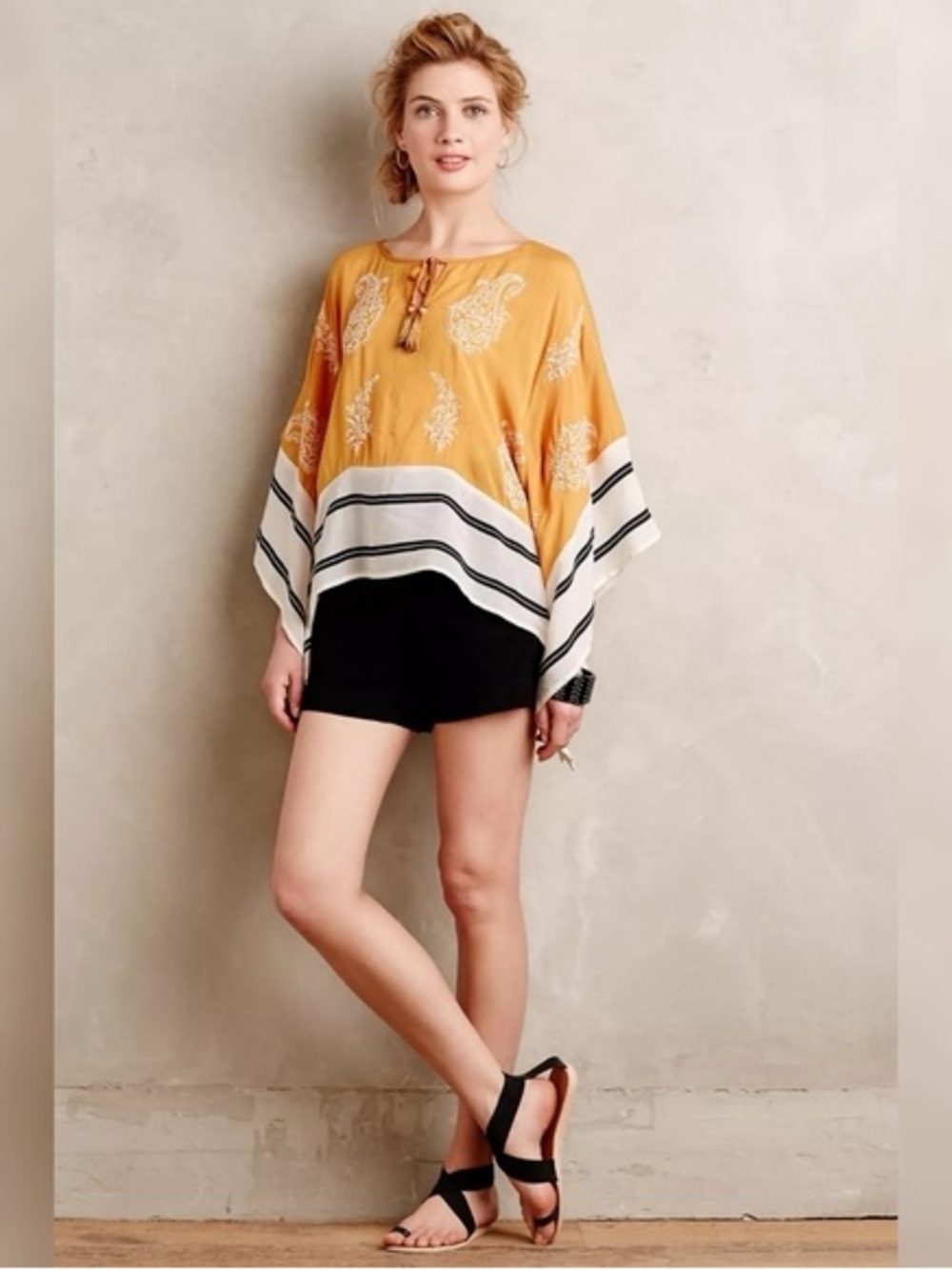 Anthropologie Mustard Paisley Poncho Top with Cream & Black Stripes